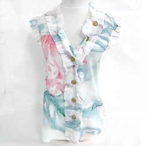 Chanel Pink Blue Watercolor Camellia Top Shirt sz 36 w/ CC button detail